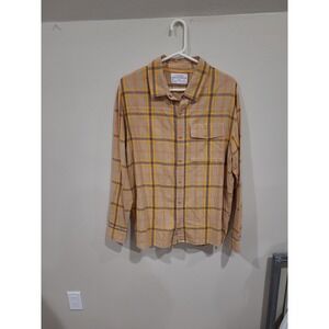 REI CO-OP MENS SZ L Hemp Cotton Tan orange blue plaid button down shirt outdoors